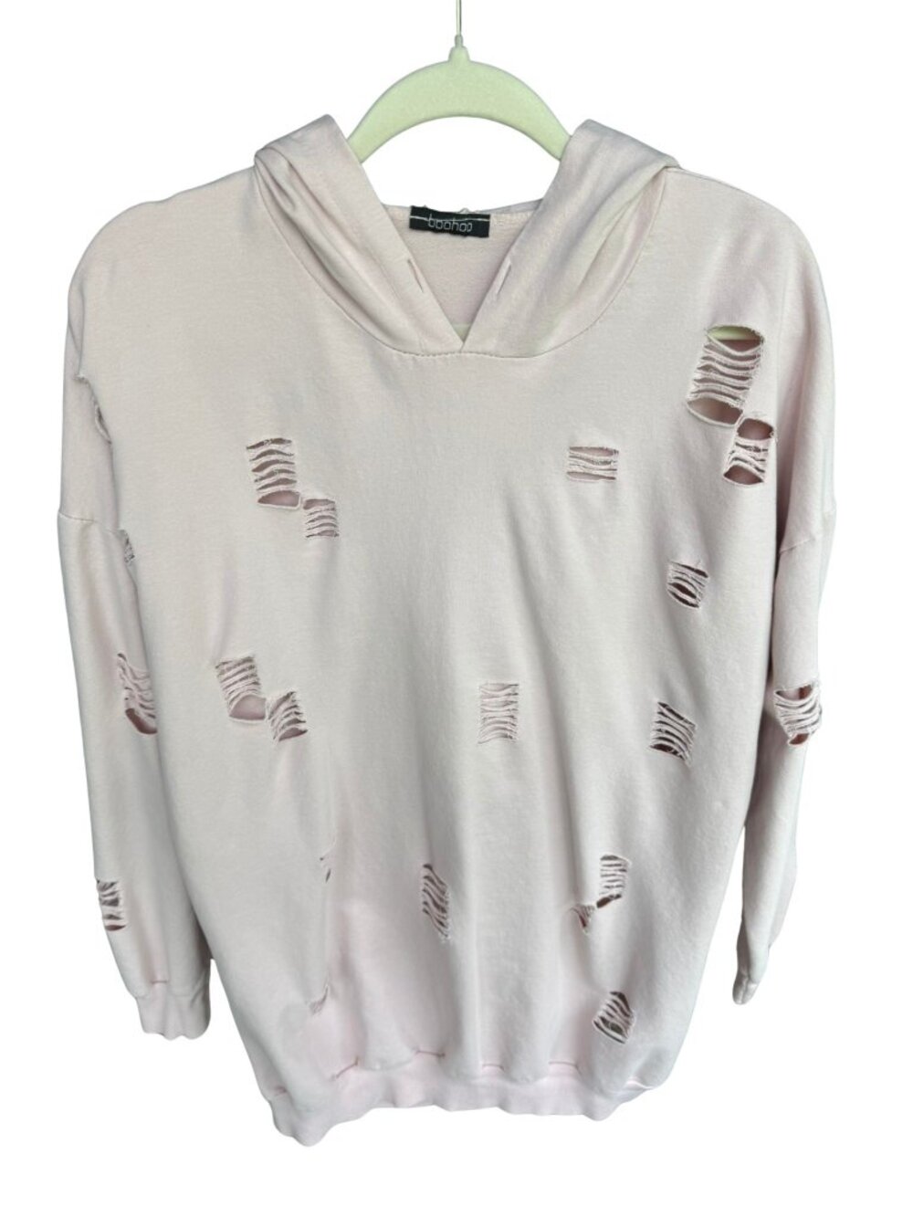 Boohoo Distressed Oversized Hoodie Sweatshirt Dress Pink, Ripped Grunge Pullover